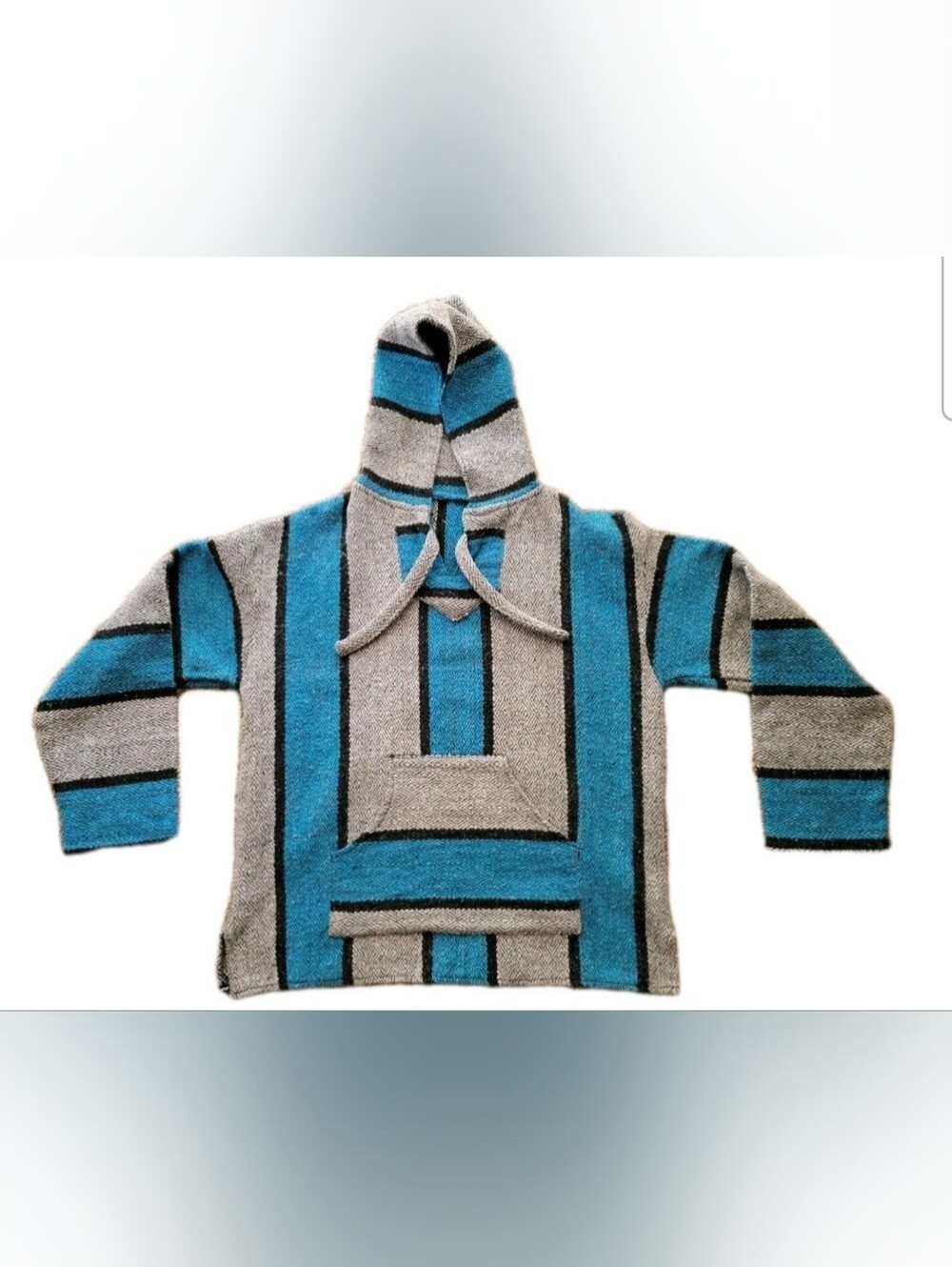 Handmade Men's Striped Hooded Baja Poncho Sweater in Blue and Gray Size XL